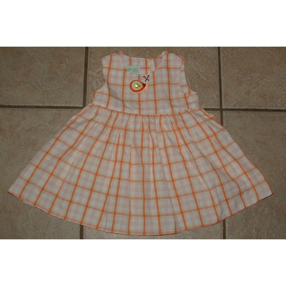 BABY LULU Girls Sz 12 Months Orange Plaid & Snail Cotton Sleeveless Sun Dress